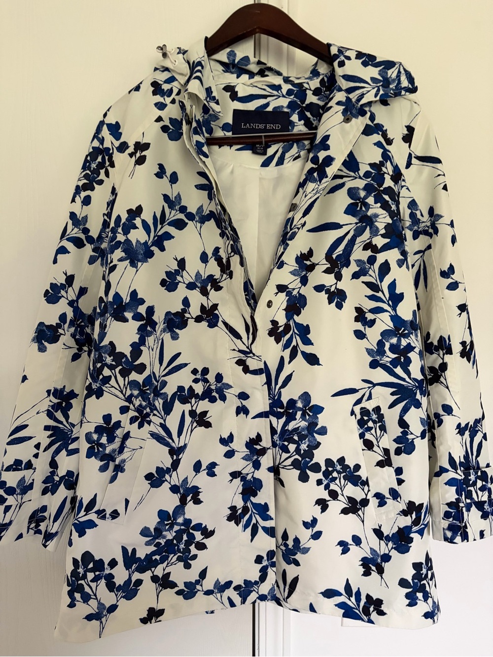 Lands' End White Hooded Jacket with Blue Floral Pattern